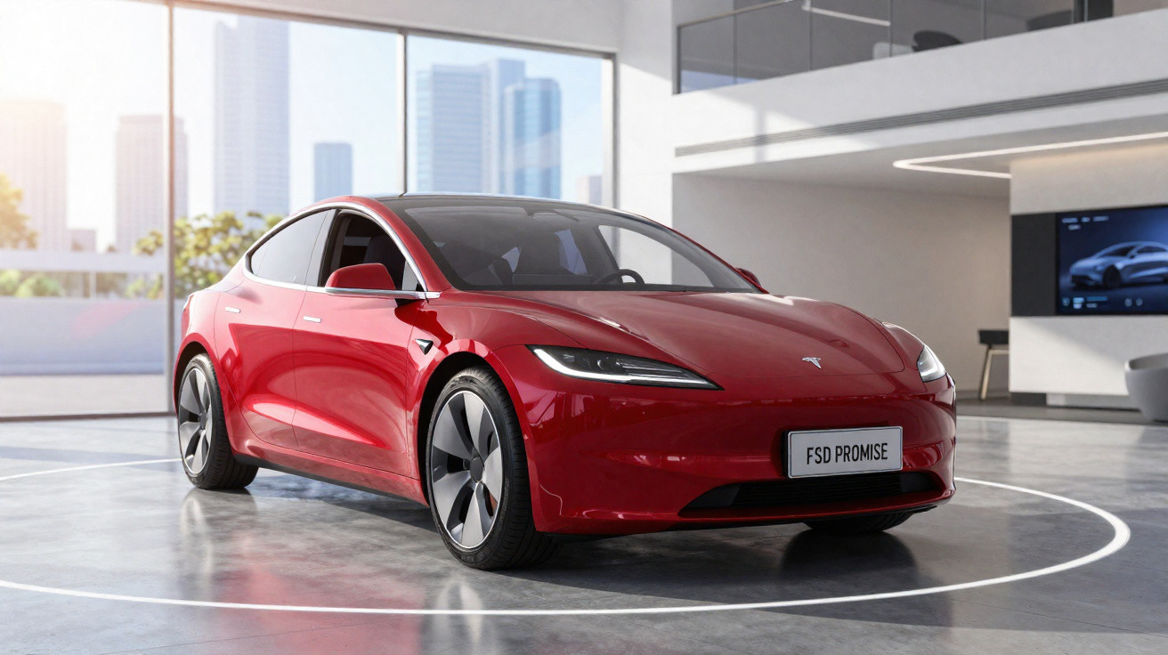 Carro elétrico Tesla vermelho estacionado em showroom moderno com edifícios ao fundo.