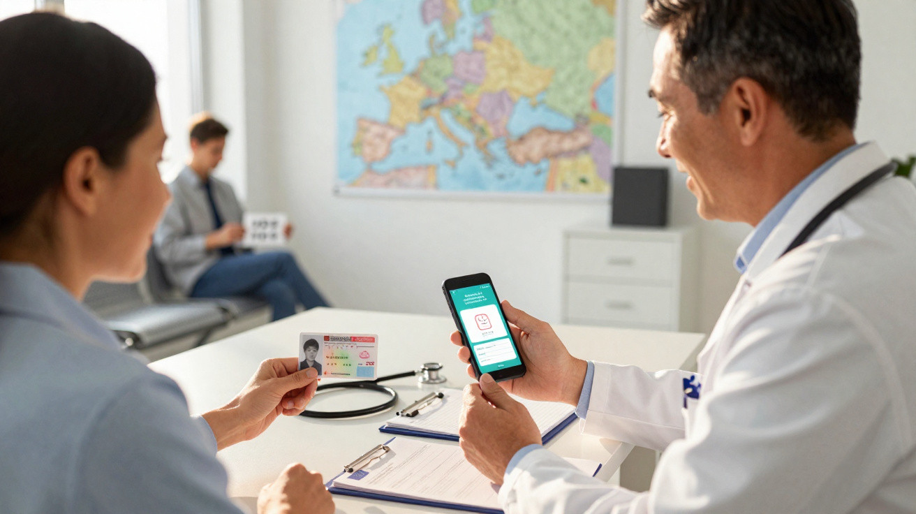 Paciente apresenta documento e médico consulta informações no celular durante atendimento em clínica.