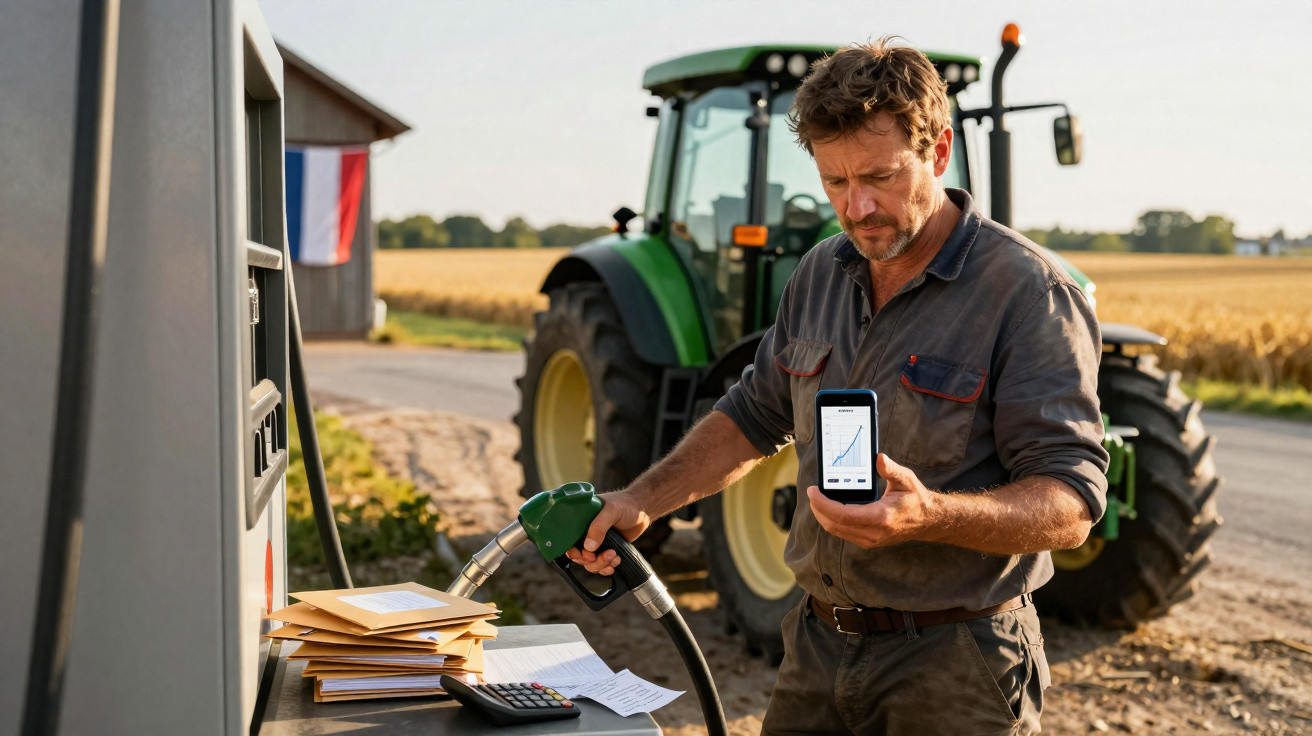 Agricultor abastecendo trator e verificando dados de consumo no celular em posto rural.