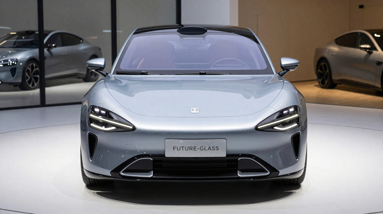 Carro elétrico futurista cinza prata exibido em salão com placa "Future-Glass" na frente.