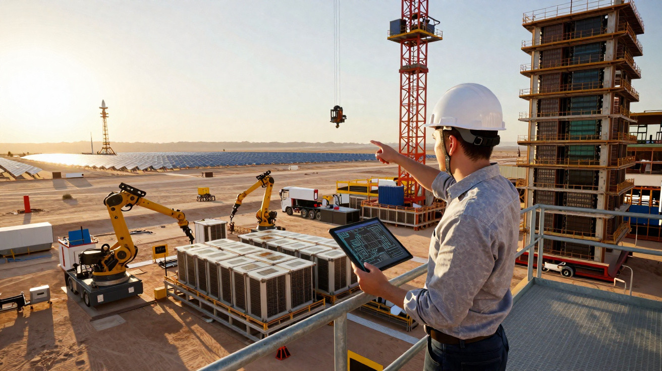 Engenheiro com capacete segura tablet e aponta numa obra com robôs industriais e painéis solares ao fundo.