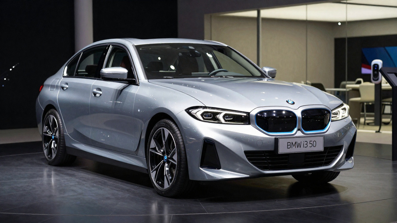 Carro BMW i3 50 prata exibido em ambiente interno com iluminação focada e piso escuro.