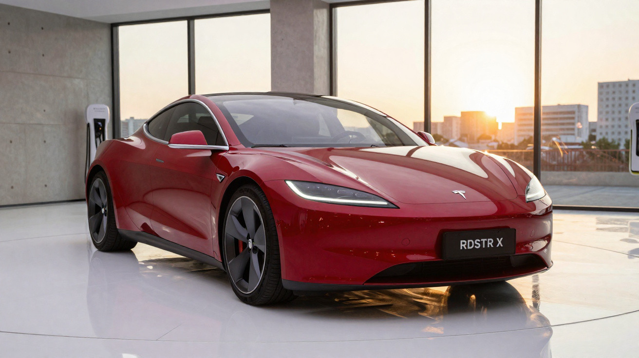 Carro esportivo elétrico Tesla vermelho estacionado em showroom com iluminação natural ao pôr do sol.
