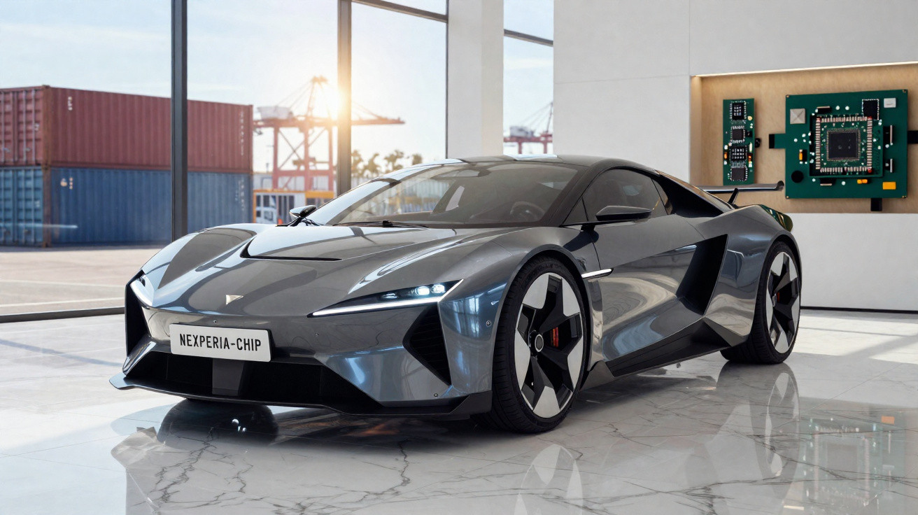 Carro esportivo elétrico cinza em showroom moderno com painéis eletrônicos na parede e contêineres ao fundo.