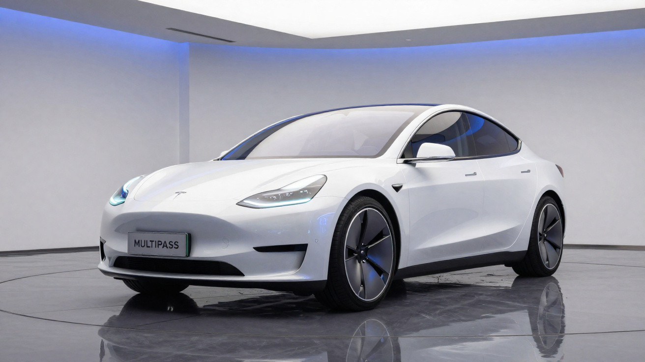 Carro elétrico branco Tesla Model 3 estacionado em ambiente moderno com luz azul.