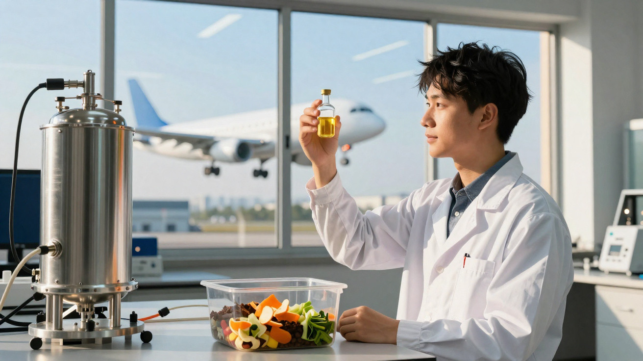 Homem de jaleco branco analisando líquido amarelo em frasco dentro de laboratório com frutas e avião ao fundo.