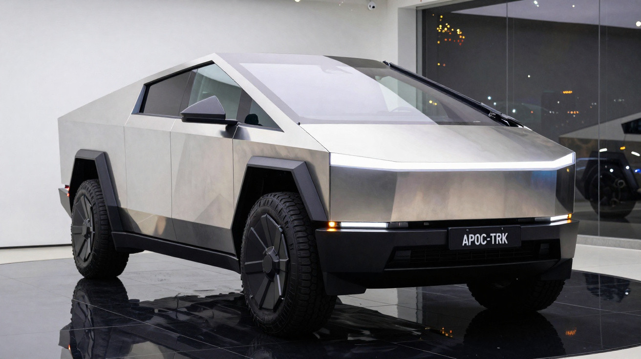 Carro elétrico futurista prateado com design anguloso e rodas grandes em ambiente interno.