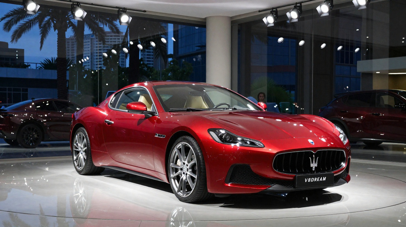 Carro esportivo vermelho Maserati em exposição em showroom moderno com iluminação intensa.