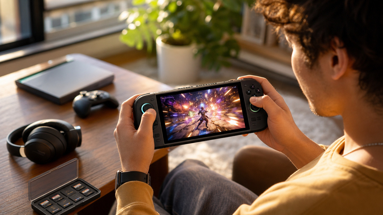 Pessoa jogando videogame portátil em sala iluminada, com controle, fones e cartões de memória na mesa.